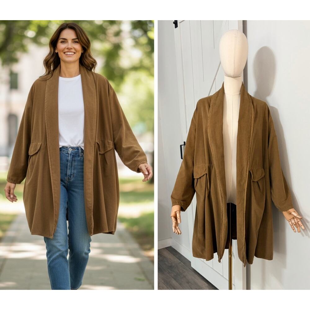 SAGA Made In Italy One Size Corduroy Open Front Jacket Cardigan Brown Cotton